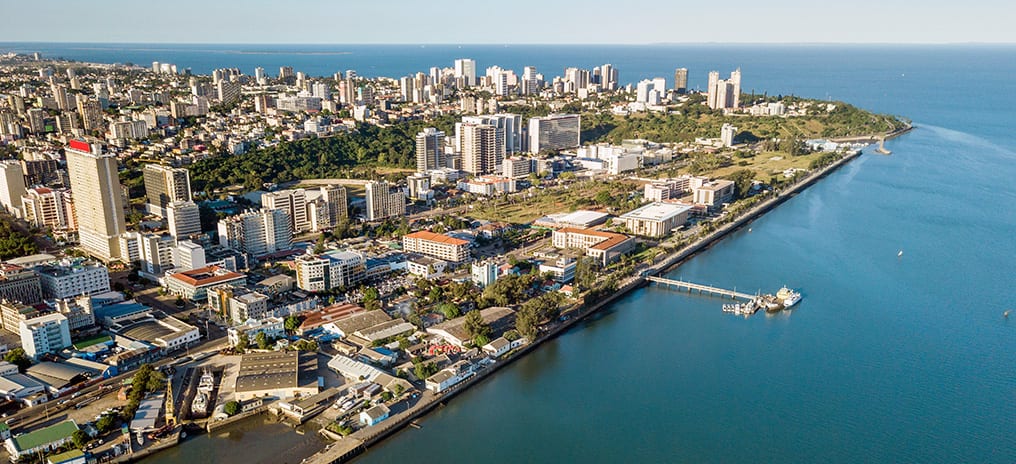 Maputo cityscape with tree-lined avenues and bay views