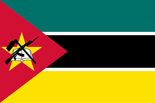 Mozambique national flag with green, black and yellow stripes