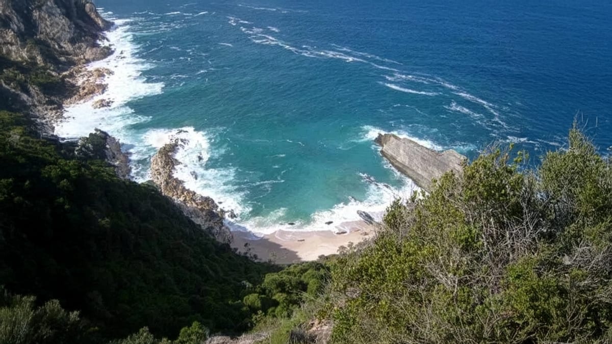 A panoramic view of the ocean from a high cliff, showcasing waves crashing against the rocks below.