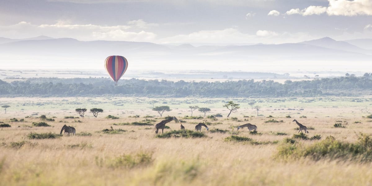 Hot air balloon safari over Masai Mara wilderness at sunrise